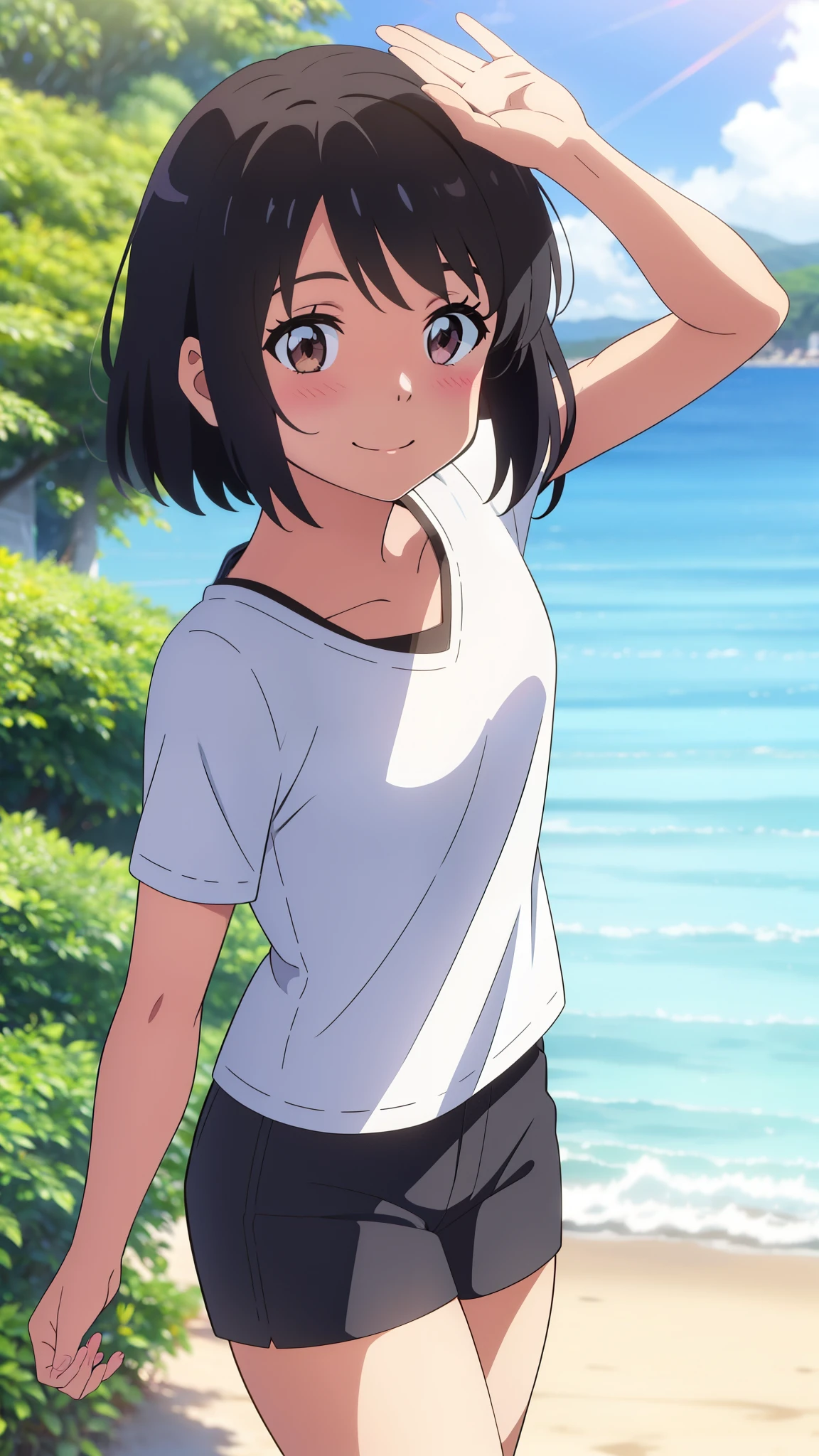 shinkai makoto, kimi no na wa., 1girl, bangs, black hair, blush, brown eyes, casual clothes, white t-shirt, black shorts, short hair, smile, cute, solo, looking at viewer, outdoors, summer, beach, cloudy, sunlight, dynamic pose, being delighted and cheerful