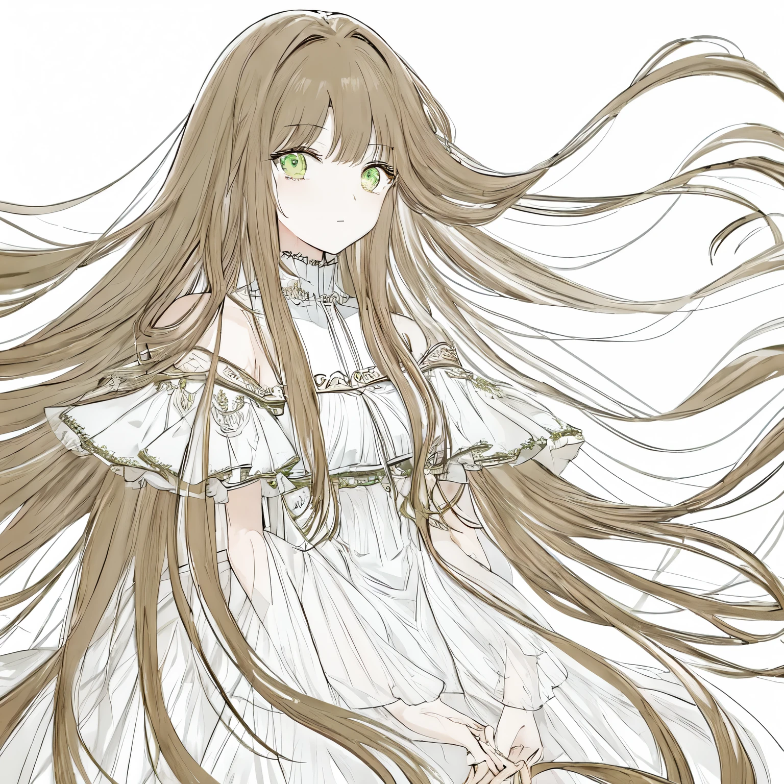 1 girl, 18 years old, long hair, two bangs of hair in the face, brown hair, green eyes, gradient, green aura, red ruffled dress, 2d, masterpiece, best quality, anime, highly detailed face, white background, perfect lighting, looking at viewver, portrait,