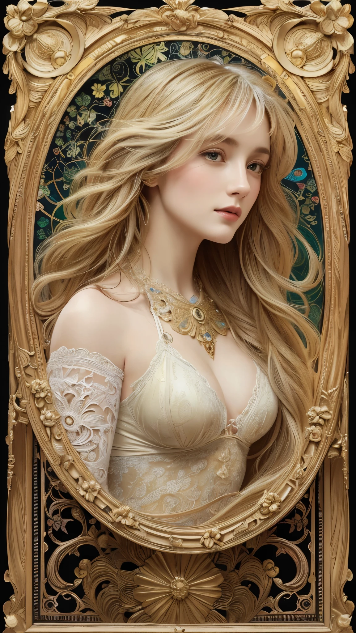 European woman face portrait, Long Curly Hair, blonde, Floral frame, Decorative panel, Abstract art, Alphonse Mucha (masterpiece, Highest quality, High resolution: 1.4), detailed, Intricate details, 4K, Color Splash, Line art, Fibonacci, In underwear