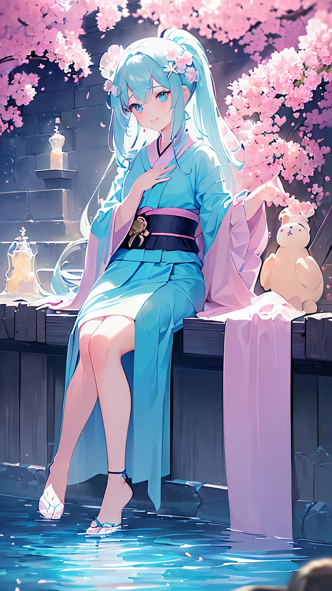 Name: Sakura-eren
Element: AQUASCEND
Description: The Serene Savant, a gentle and wise Waterbender. Students within the village distill dreams as infusions under her keen yet gentle gaze.
Prompt: (((((Magnificent artefact, Exceptional quality, ultrahigh resolution)))), 1girl, sitting, (long pink hair, pink flower in hair),  size, ((blue eyes)), ((glowing aqua eyes)), (((ultra detailed features:0.8, fine facial expressions, thoughtful demeanor))), ((full body, posing, hands on doned Olive-green, intricately designed kimono, with right index finger pointing to lips alongside a careful half-smile, child-like bliss, outline of cherry blossom petals scattering behind her displayed amidst occasional rays of emotion-inducing beautiful sunlight, unique watercolor styling flushing her closer ties to ceaselessly guiding flow from Aquascend element loops nearby the water fountain atop which rests consistently pristine, cerulean gem umbrel║ longest fingers studded with aquamarine-glow jewels, neck draped with maxi)-length aquamarine sash adorned with tear-drop pearl charms; cherry blossom scent saturating the caressing breeze about as delicate freckles infuse symbiotic tints as infatuation waves to heart Safeguarded by 2 stuffed Koda-bear companions.