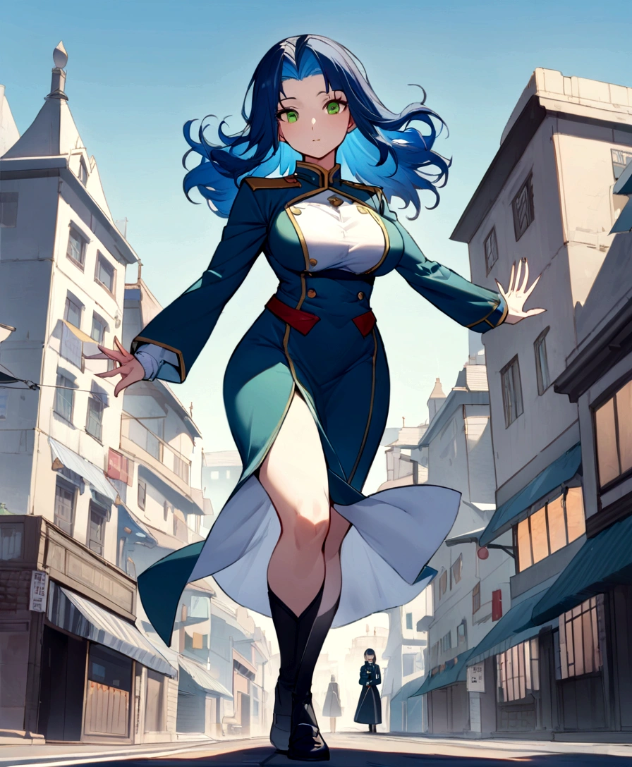 The best quality at its best,Ultra-high resolution,One huge breasted girl,alone,Full Body Lesbian,Yuki,city,, Blue Hair,Green Eyes,Jie Kang,uniform,