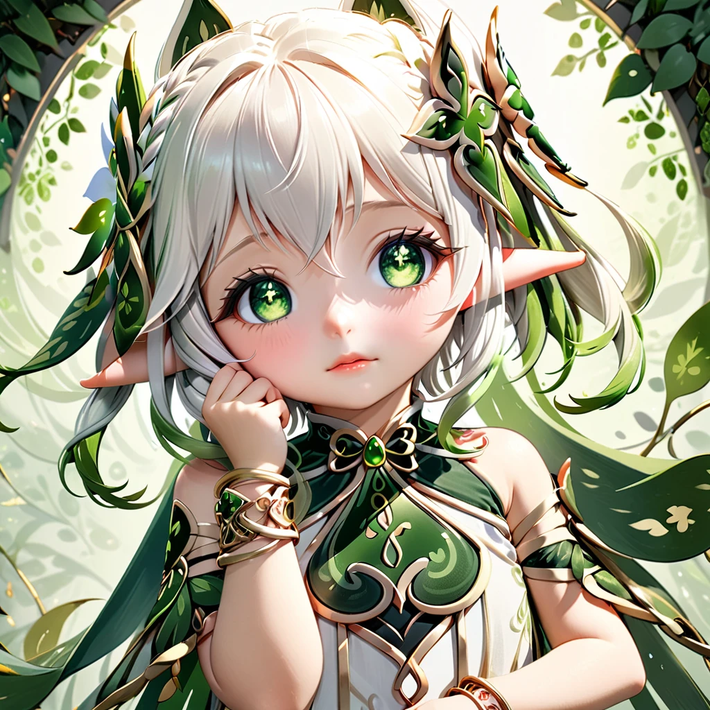 nahida (genshin impact) appears as a fair-skinned young woman with white hair styled in a side braid and a ponytail, and she has pointed ears. She has large green eyes and wears a large green headdress on one side of her head, which is also framed by uneven bangs. Additionally, she has flawless, perfect fingers and hands. Nahida's attire consists of a white dress adorned with green and gold details, loose sleeves of patterned green fabric, and a gold bracelet on her right wrist. Her dress is embellished with various green gems and decorated with intricate golden patterns. Underneath, she wears white trousers. On her back, she wears a split pale green cloak and white sandals surrounded by gold that expose her toes.