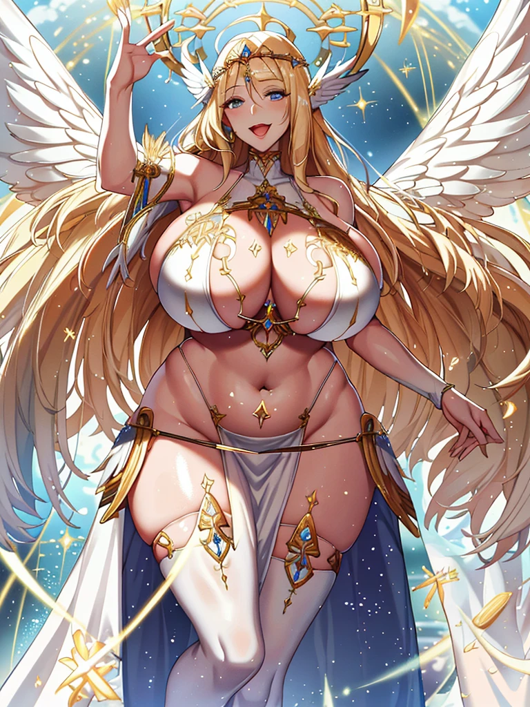 A priestess in a white bikini,Valkyrie,Angel Wings,belly button,Complex,Particles of light,Thighs,Shiny skin,Big Mouth、Plump、Perfect lighting, One adult woman, View your viewers、Pelvic Curtain, Open Mouth Smile、(masterpiece), (Highest quality), maternal, Porcelain-like skin, Honey Blonde Hair, Very long straight hair