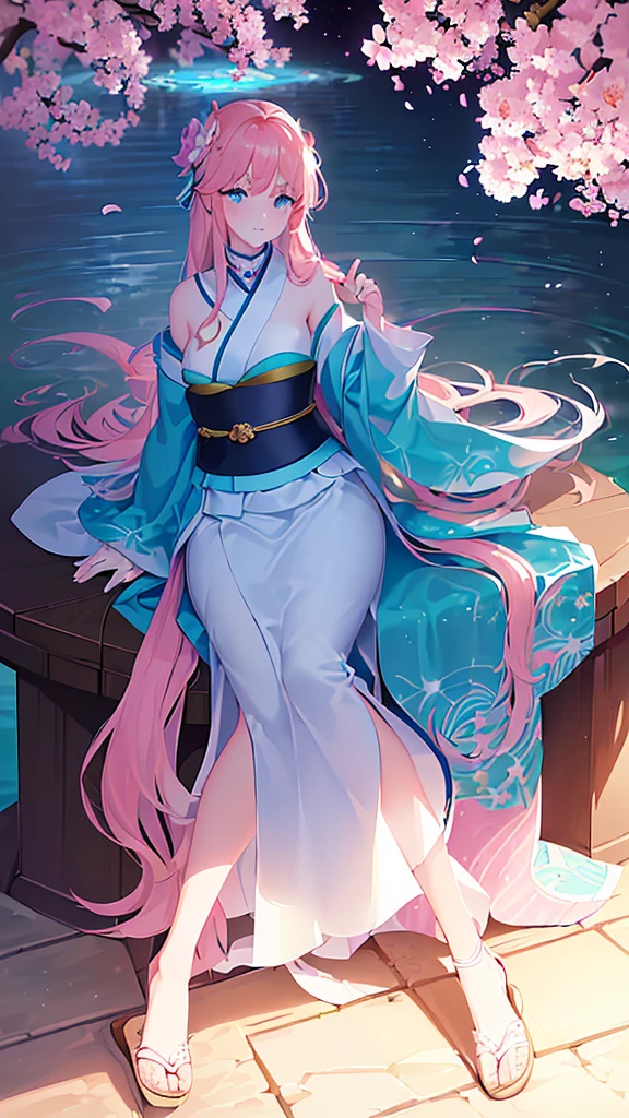 Name: Sakura-eren
Element: AQUASCEND
Description: The Serene Savant, a gentle and wise Waterbender. Students within the village distill dreams as infusions under her keen yet gentle gaze.
Prompt: (((((Magnificent artefact, Exceptional quality, ultrahigh resolution)))), 1girl, sitting, (long pink hair, pink flower in hair), size, ((blue eyes)), ((glowing aqua eyes)), (((ultra detailed features:0.8, fine facial expressions, thoughtful demeanor))), ((full body, posing, hands on doned Olive-green, intricately designed kimono, with right index finger pointing to lips alongside a careful half-smile, child-like bliss, outline of cherry blossom petals scattering behind her displayed amidst occasional rays of emotion-inducing beautiful sunlight, unique watercolor styling flushing her closer ties to ceaselessly guiding flow from Aquascend element loops nearby the water fountain atop which rests consistently pristine, cerulean gem umbrel║ longest fingers studded with aquamarine-glow jewels, neck draped with maxi)-length aquamarine sash adorned with tear-drop pearl charms; cherry blossom scent saturating the caressing breeze about as delicate freckles infuse symbiotic tints as infatuation waves to heart Safeguarded by 2 stuffed Koda-bear companions.