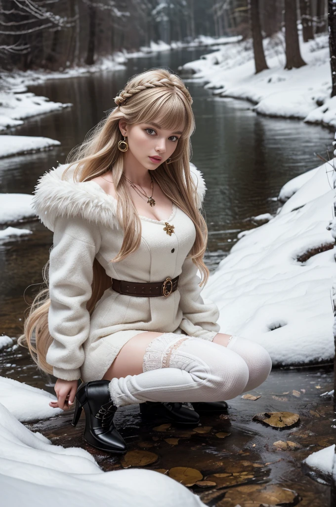 (Northern Warrior), (Female), (fantastic snowy setting), | (Kneeling on the forest floor by a stream), | (FULL BODY GENERATION!!!), | (Crazy clothing details, beautiful scandinavian fluffy outfit), (aesthetic style), (necklace), (earrings), (high heels), (stockings), (hair accessories), | (Long beautiful hair), (Interesting hairstyle), (Beautiful face), (Brilliant eyes), (bright skin), (Human facial expression), | (A kinetic parody of the body in motion), (realistic face), (Realistic limbs), (Proportional body), (human anatomy), | (Complex background), (High-resolution image), (Cinematic), (stunning visual effects), (professional staff),