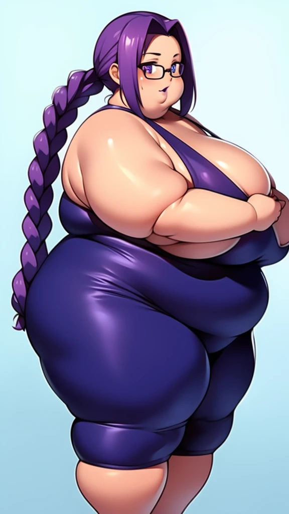 Anime Women, Lady、Forehead、Long braided pigtails、Purple Hair、Glasses、Sharp eyes、Purple lips、Dark brown body、Dark brown skin、Are fat、Chubby、Voluptuous、obesity、Double chin、Fatty neck、Big Breasts、Saggy breasts、Thick upper arms、Thick arms、thick fingers、Fat belly、Flabby belly、Thick legs、Big Ass、Jumpsuit、Sweaty、Gloss、Side Shot