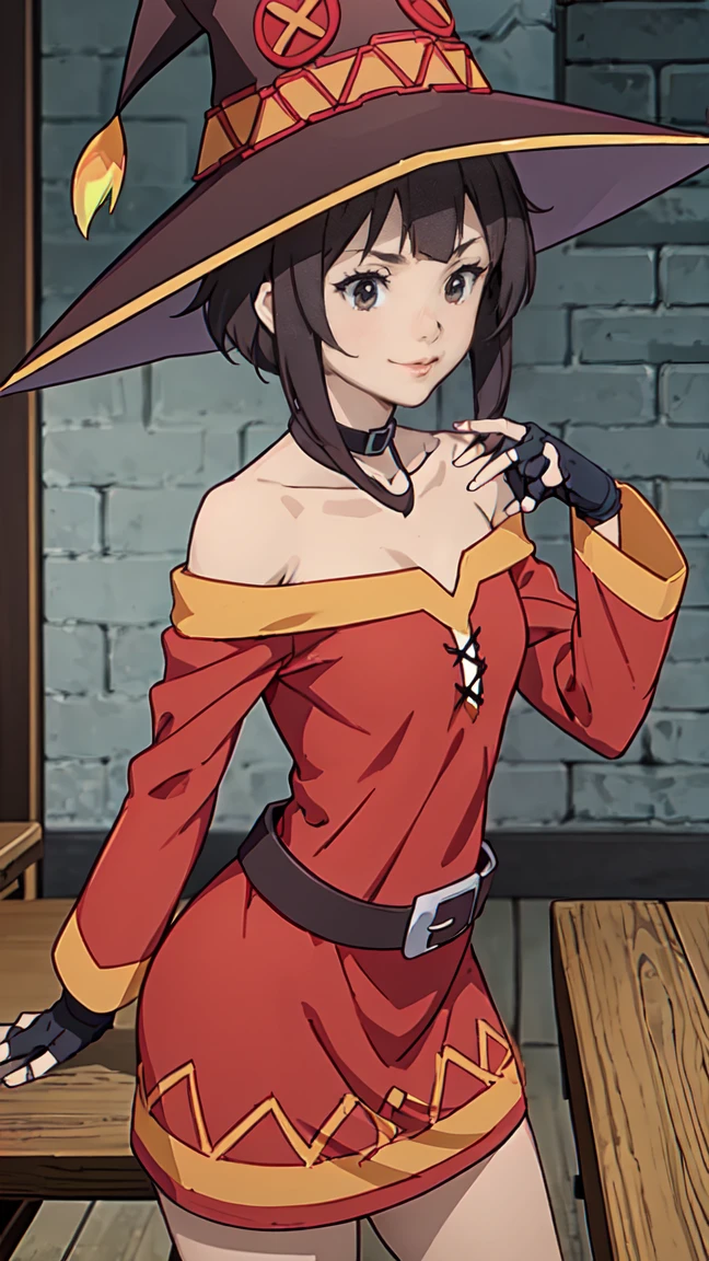 Artgerm, table, Best quality, extremely detailed, table, Best quality, Megumin, 1 girl in, bare shoulders, beautiful buttocks, стоит опершись о table, very sexy, smile, cheerful, Black e.g, black gloves, black hair, e.g, necklace, clavicle, dress, hair between eyes, It has, long sleeves, I look at the viewer, Medium hair, off shoulder dress, off the shoulders, Red dress, Red eyes, side locks, One, witch hat, in room