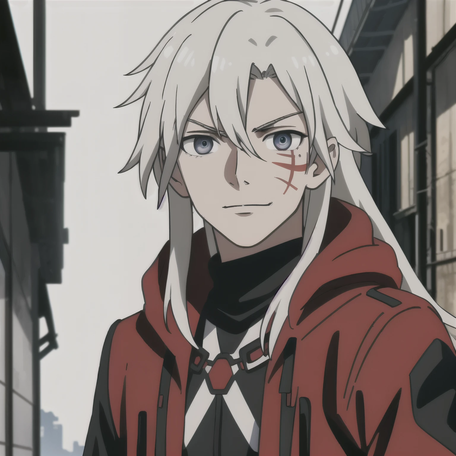 (high-quality, breathtaking),(expressive eyes, perfect face) portrait, Symmetrical Eyes, 1boy, male, teenager, solo, looking at viewer, portrait, simple background, white background, apocalyptic theme, ruined city buildings, alleyway, allen walker, red eye color, white hair, scar, facial mark, halfbody shot, long hair length, confident expression, charming, black and red jacket, hood, red trim, smirk, cyberpunk clothing, Abzu, cowboy shot
