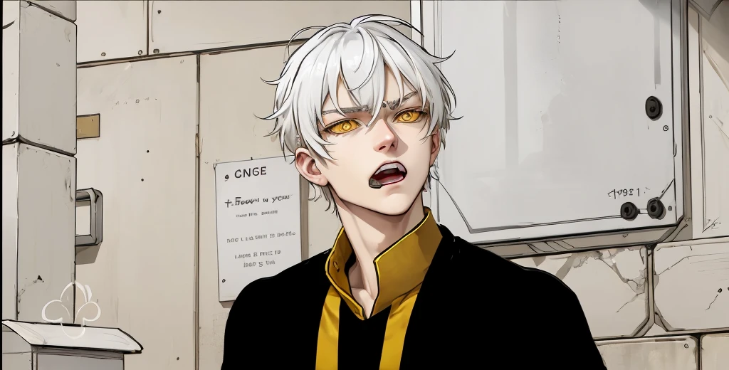 17 year old teenager yellow eyes white hair black clothes with gold