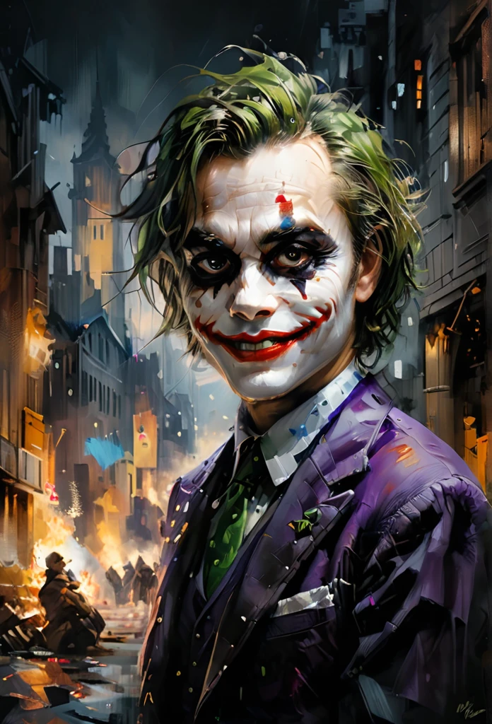 Masterpiece Illustration, high quality, high resolution 16k, a painting of Joker with a smile on it's face, finnish cartoon, cgi art, oil painting, inspired by Mort Künstler, exaggerated expression, black background hyperrealism, by Václav Brožík, insane face, by Koloman Sokol, serious cartoon, cgi society, author unknown, incredulous, realistic texture,