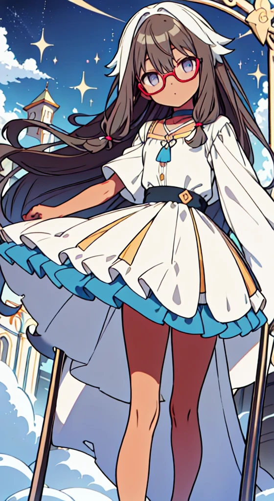 masuter piece, Best Quality,32K、Wallpaper, ultra -detail, Absurd beauty, 1Beautifulwoman、Big eyes with sparkly、Hair fluttering in the wind、:O、thick long legs、Smaller head、miscievous smile、Angle looking up from below:1.3、Angle from which you can see the whole body, hair color purple, tan skin, circle glasses, brown skin