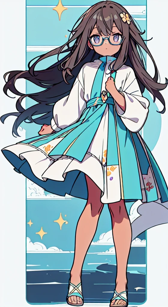 masuter piece, Best Quality,32K、Wallpaper, ultra -detail, Absurd beauty, 1Beautifulwoman、Big eyes with sparkly、Hair fluttering in the wind、:O、thick long legs、Smaller head、miscievous smile、Angle looking up from below:1.3、Angle from which you can see the whole body, hair color purple, tan skin, circle glasses, brown skin
