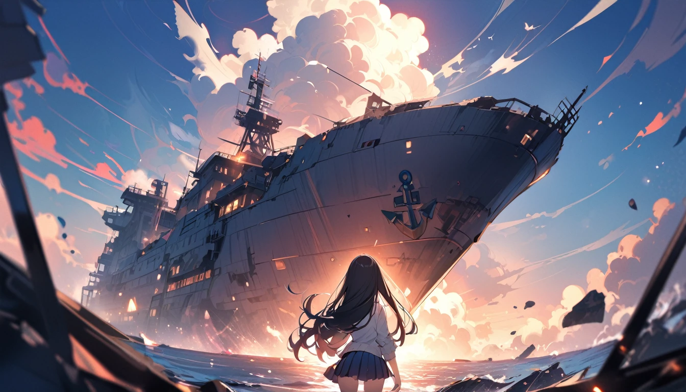 BREAK 1 girl, long hair, black hair, straight hair, short bangs above brows, blue eyes, worried, open mouth,
BREAK (masterpiece), (high resolution 8K), cinematic lighting, professional lighting, detailed eyes and face, detailed body,
BREAK white shirt, blue bowtie, pleated skirt,
BREAK very wide, panorama view, sense of depth, long shot, magnificent view,
BREAK crystal clear water, anchor, blue sky, shipwrecks, cumulus