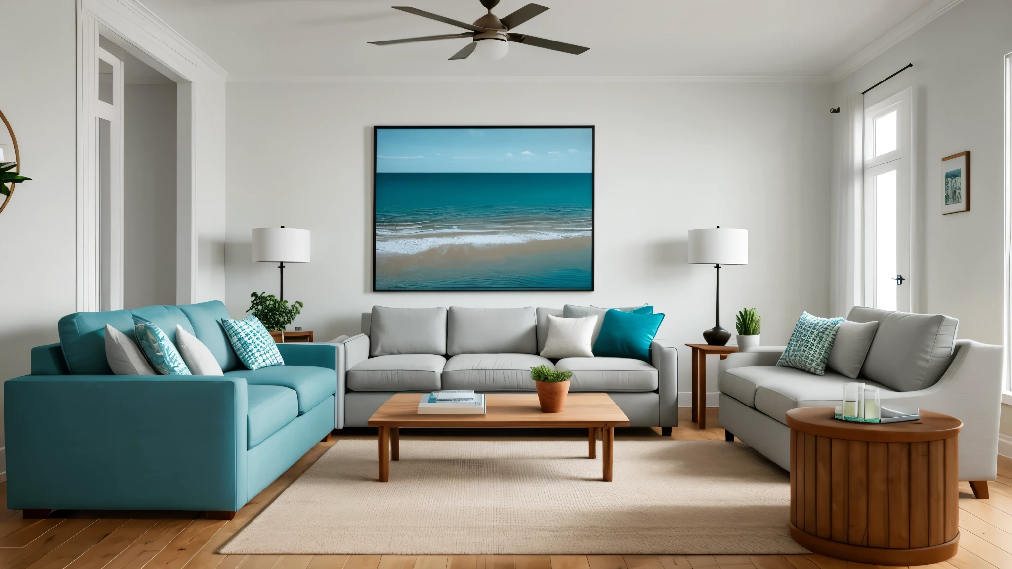 Home mockup, Coastal living room interior background, 3d render