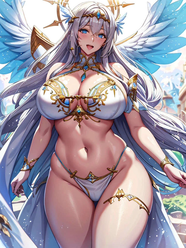 A priestess in a white bikini,Valkyrie,Angel Wings,belly button,Complex,Particles of light,Thighs,Shiny skin,Big Mouth、Plump、Perfect lighting, One adult woman, View your viewers、Pelvic Curtain, Open Mouth Smile、(masterpiece), (Highest quality), maternal, Porcelain-like skin, Honey Blonde Hair,Detailed blue eyes、Very long straight hair