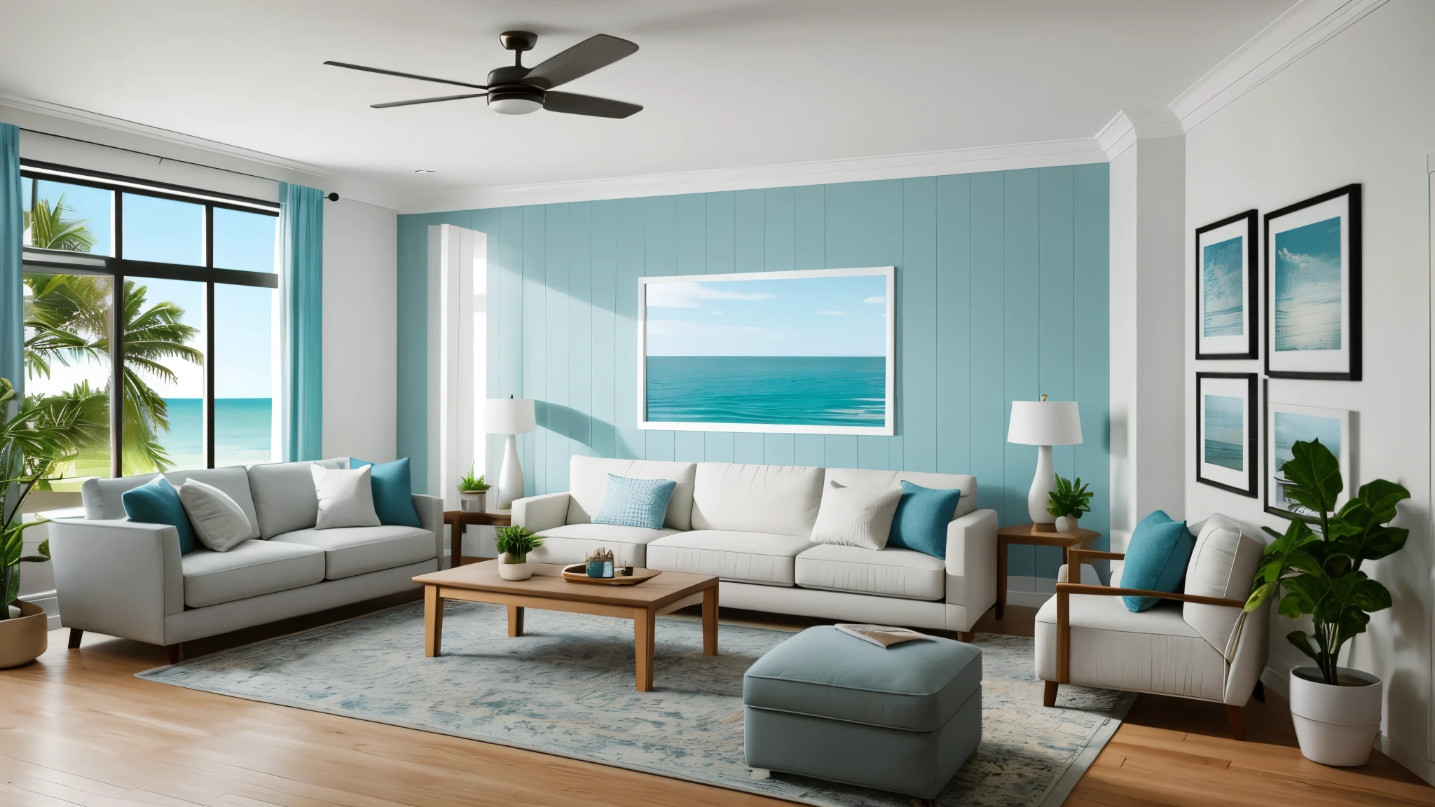 Home mockup, Coastal living room interior background, 3d render
