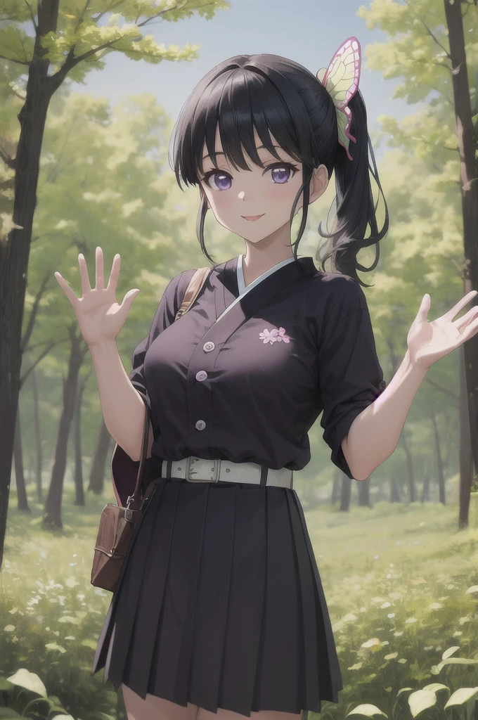 (masterpiece:1.3), (best quality:1.1), (8k, ultra detailed, ultra high res:1.2), ((anime style)), perfect 5 fingers, perfect anatomy, 
1girl,
Kanao Tsuyuri, 
BREAK long hair, side ponytail, 
black hair, 
purple eyes, 
butterfly hair ornament, 
(medium breasts:0.9),  
BREAK purple shirt, pleated skirt, white haori, 
smile, 
looking at viewer, 
cowboy shot, 
perfect light, 
waving, waving arms, outdoors, forest, field, night, night sky, starry sky,