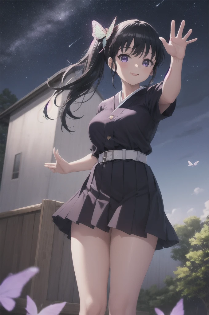 (masterpiece:1.3), (best quality:1.1), (8k, ultra detailed, ultra high res:1.2), ((anime style)), perfect 5 fingers, perfect anatomy, 
1girl,
Kanao Tsuyuri, 
BREAK long hair, side ponytail, 
black hair, 
purple eyes, 
butterfly hair ornament, 
(medium breasts:0.9),  
BREAK purple shirt, pleated skirt, white haori, 
smile, 
looking at viewer, 
cowboy shot, 
perfect light, 
waving, waving arms, outdoors, forest, field, night, night sky, starry sky,