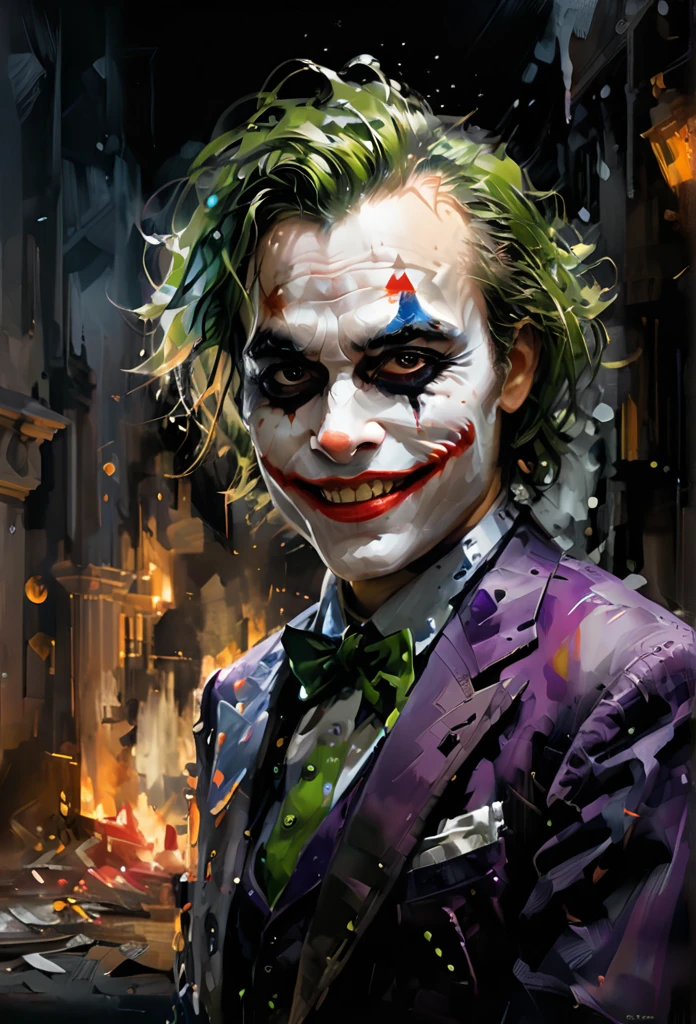 Masterpiece Illustration, high quality, high resolution 16k, a painting of Joker with a smile on it's face, finnish cartoon, cgi art, oil painting, inspired by Mort Künstler, exaggerated expression, black background hyperrealism, by Václav Brožík, insane face, by Koloman Sokol, serious cartoon, cgi society, author unknown, incredulous, realistic texture,