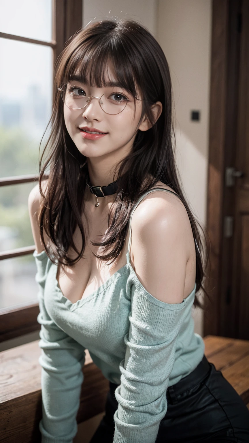(best quality, masterpiece:1.3), (actual, photo actual:1.3), ultra high resolution, ultra high definition, Extremely detailed CG unified 8k wallpaper, sharp focus, Ridiculous, (actual skin, Delicate skin), (perfect anatomy), glossy lips, (official art, Beautiful and beautiful), (1 girl), (generous smile:1.3), (seductive face:1.3), (korean woman:1.3), alone, depth of field, office,(big breasts:1.1),whole body,(off-shoulder outfit:1.3), (curvy hips:1.1), (midjourney), (collar), (direct eye contact:1.3), (blunt bangs:1.5), (long hair:1.2), (wearing glasses)
