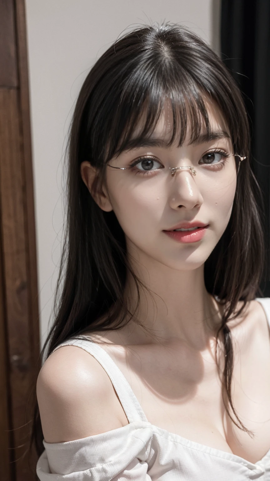 (best quality, masterpiece:1.3), (actual, photo actual:1.3), ultra high resolution, ultra high definition, Extremely detailed CG unified 8k wallpaper, sharp focus, Ridiculous, (actual skin, Delicate skin), (perfect anatomy), glossy lips, (official art, Beautiful and beautiful), (1 girl), (generous smile:1.3), (seductive face:1.3), (korean woman:1.3), alone, depth of field, office,(big breasts:1.1),whole body,(off-shoulder outfit:1.3), (curvy hips:1.1), (midjourney), (collar), (direct eye contact:1.3), (blunt bangs:1.5), (long hair:1.2), (wearing glasses)