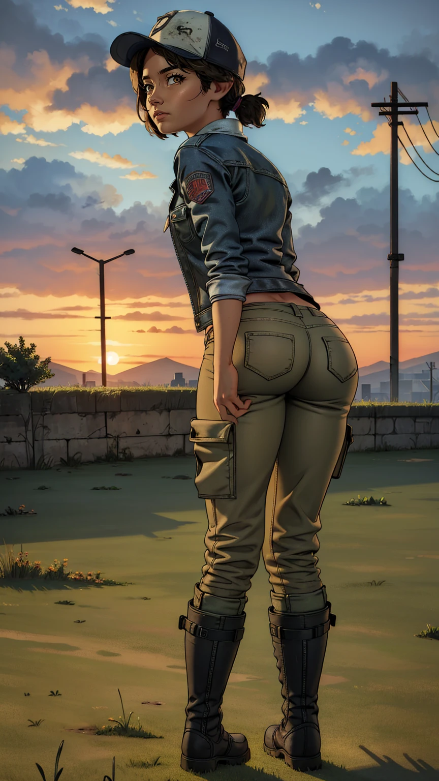 ((masterpiece, best quality)),(complex lighting) ,solo,(((1girl))) ,clementine, light skin,light-skinned female, baseball cap, green cargo pants, brown eyes, tight pants, combat boots, shirt, short hair, one short ponytail, open denim jacket, huge butt, thicc butt , (((8k))), (((full body))), (((bent over))), (((looking at the viewer))), big butt