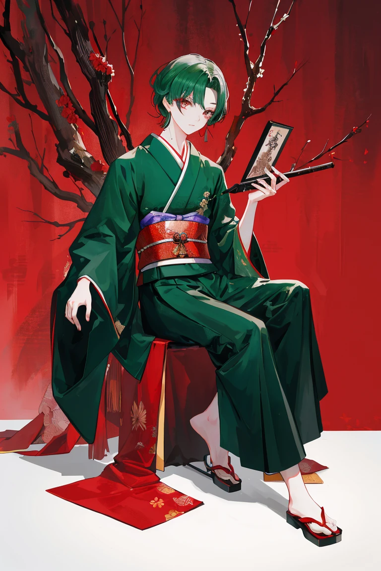 (Full-body portrait), Lonely, masterpiece,Highest quality,8K,1 boy,Dark green hair,Highest quality,masterpiece,very,Eyes focus on beautiful eyes, Japanese Clothing, Red licorice, Hell's Flower,Ghost,(白色background), background,masterpiece, Highest quality at best, Implications, , Beautifully detailed lighting, Beautiful and delicate eyes, diaphragm, Large forehead,The Detailed Art of the Onmyoji, Oriental traditional art style, Beautiful Style, Floating World, Biomechanical Robot Aesthetics, A nightmare reality, cable, and microchips, Create surreal visual effects. Volumetric lighting and 8K post-production bring ultra-detailed renders to life, Shades of red and white,Slightly black., masterpiece, Highest quality, Highest quality, Ultra-high resolution