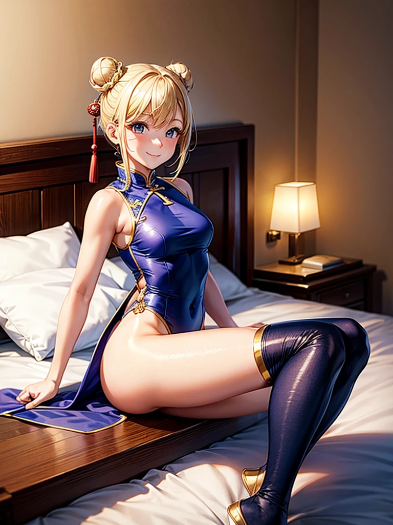 Highest Resolution,Highest quality,Woman in Chinese leotard,smile,Bun Hair,Bedroom,bed,High leg,Blonde,