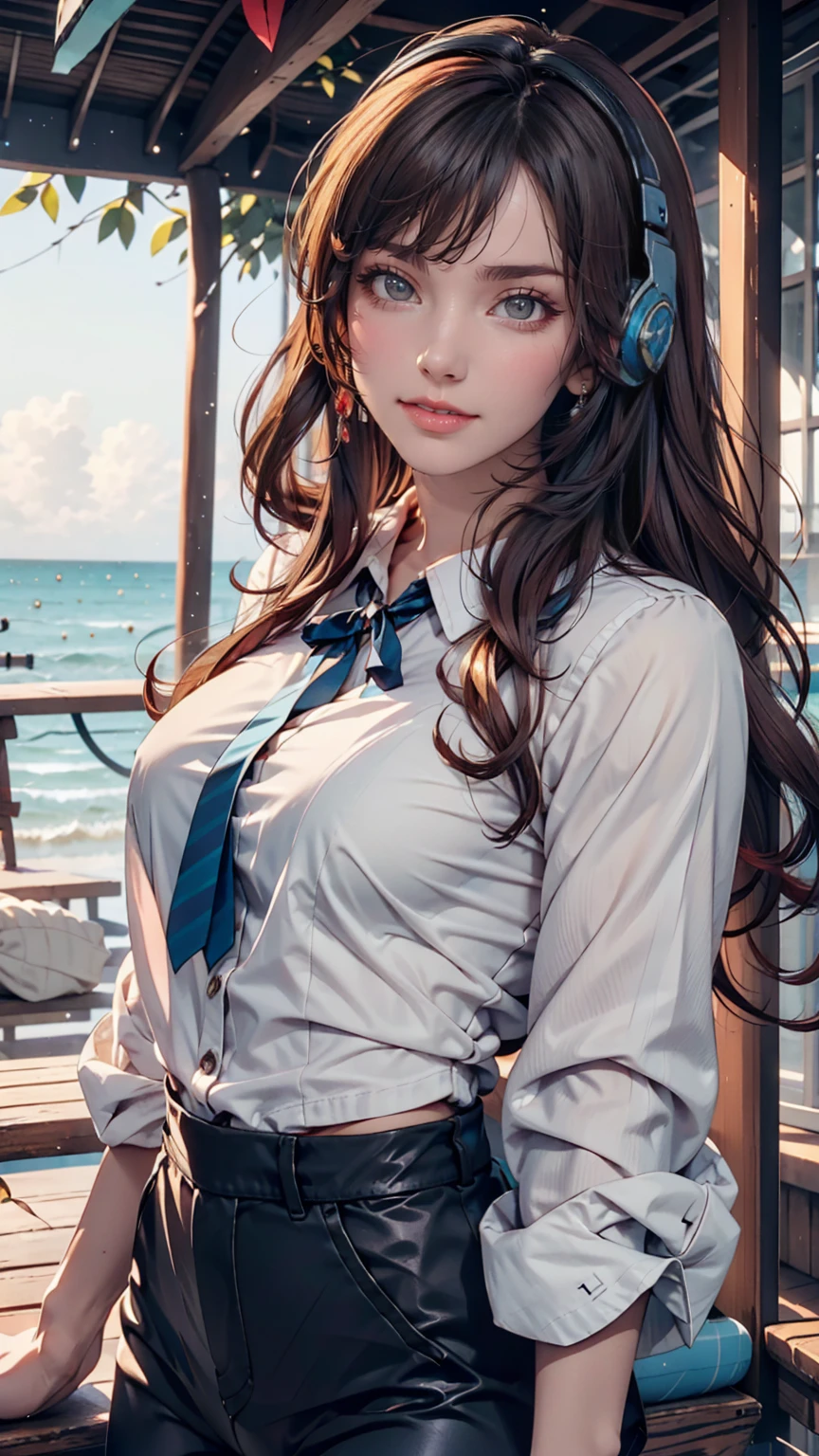 uta (one piece), There is eiichirou,, , One girl, :d, bangs, blue ribbon, diamond-shaped pupils, diamond (shape), Hair between the eyes, Headphones, Long Hair, multicoloRedhead, Open your mouth, Purple eyes, Redhead, ribbon, shirt, sign, No sleeve, No sleeve shirt, smile, alone, ((Split Color Hair)), symbol-shaped pupils, Gray Hair, white shirt, Ocean, One eye is covered, watercolor,, , 、Wear leggings