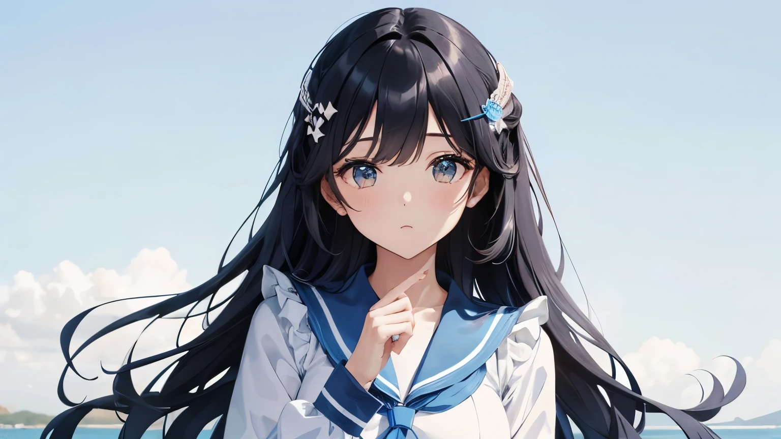 A beautiful girl wearing a light blue sailor suit with lots of frills and lace　Long sleeve　Long black hair with hair ornament　Upper Body