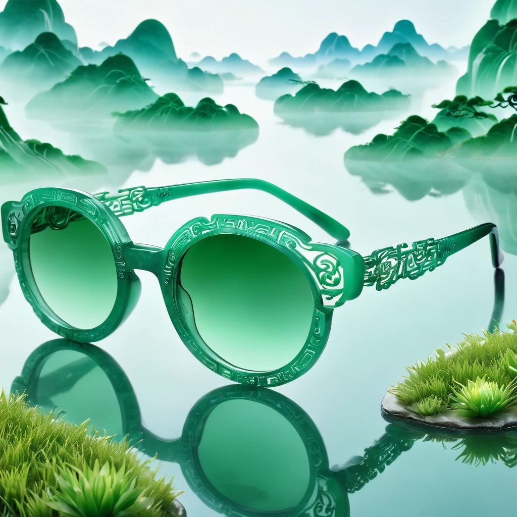 best quality, very good, 16K, ridiculous, Very detailed, Gorgeous((( Glasses 1.3)))，Made of translucent jadeite, Background grassland（（A masterpiece full of fantasy elements）））， （（best quality））， （（Intricate details））（8K）