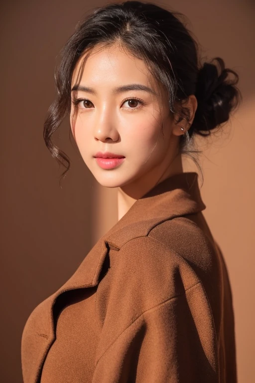 Brownish black hair, Iris, Fair skin, Face like goose eggs, atmosphereのある顔の特徴, expensive, Confidence and strength, Firm and plump, Curly Hair, Hair Bun, With hairpin, Official Quality, mysterious, Light and shadow, Correct Proportions, aesthetics, atmosphere,Red flower