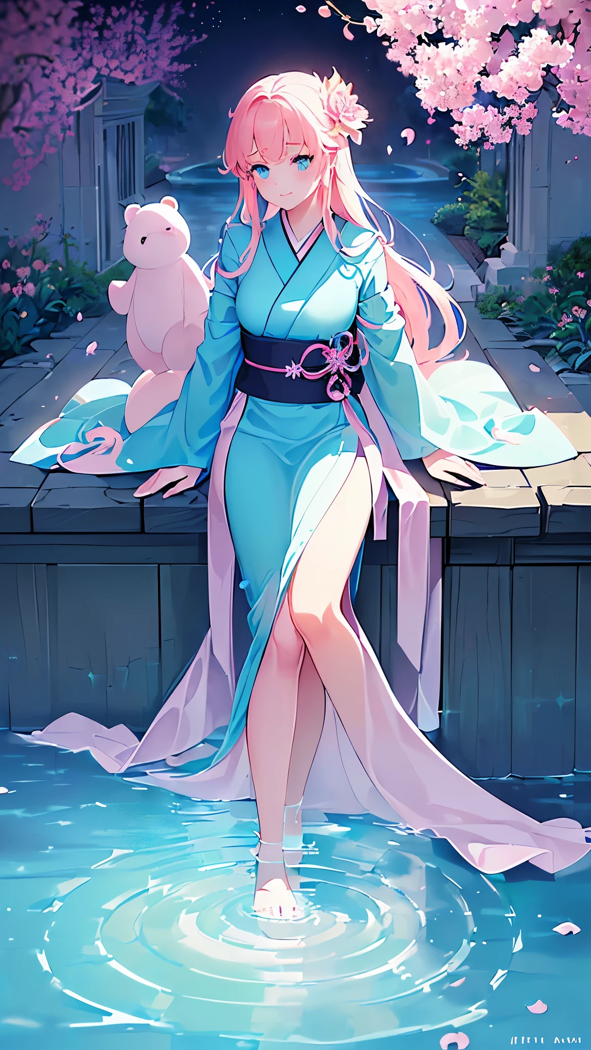 Name: Sakura-eren
Element: AQUASCEND
Description: The Serene Savant, a gentle and wise Waterbender. Students within the village distill dreams as infusions under her keen yet gentle gaze.
Prompt: (((((Magnificent artefact, Exceptional quality, ultrahigh resolution)))), 1girl, sitting, (long pink hair, pink flower in hair),  size, ((blue eyes)), ((glowing aqua eyes)), (((ultra detailed features:0.8, fine facial expressions, thoughtful demeanor))), ((full body, posing, hands on doned Olive-green, intricately designed kimono, with right index finger pointing to lips alongside a careful half-smile, child-like bliss, outline of cherry blossom petals scattering behind her displayed amidst occasional rays of emotion-inducing beautiful sunlight, unique watercolor styling flushing her closer ties to ceaselessly guiding flow from Aquascend element loops nearby the water fountain atop which rests consistently pristine, cerulean gem umbrel║ longest fingers studded with aquamarine-glow jewels, neck draped with maxi)-length aquamarine sash adorned with tear-drop pearl charms; cherry blossom scent saturating the caressing breeze about as delicate freckles infuse symbiotic tints as infatuation waves to heart Safeguarded by 2 stuffed Koda-bear companions.