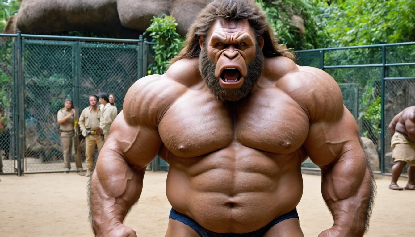 (RAW photo of a Neanderthals:1) , (hyper realistic:1.4), (Neanderthal man:1.4),(half gorilla mix :0.5),(big bulge:1.5), tall, bulky,hulk body, chubby belly, (very muscular:2), (hairy body:1.5),(detail face:1.1), tan skin, thick arms, (veiny arms:1.1), (bloated gut:1.5),(wearing underwear:1.1), thick legs, rounded pecs, (big arms:1.1), veiny arms, dark brown skin, (alone in a zoo:1.1) ,angry, hdr, photorealistic masterpiece, cinematic, best quality, sharp focus,