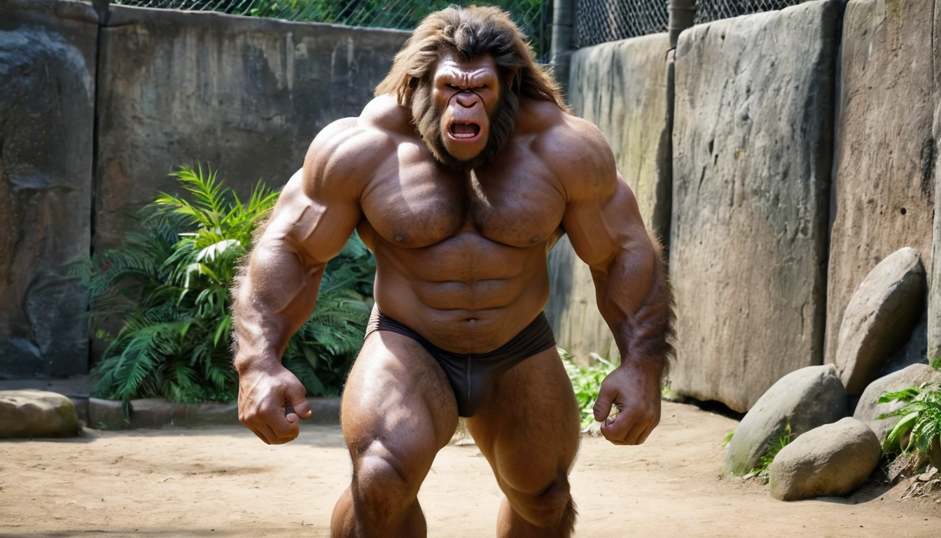 (RAW photo of a Neanderthals:1) , (hyper realistic:1.4), (Neanderthal man:1.4),(half gorilla mix :0.5),(big bulge:1.5), tall, bulky,hulk body, chubby belly, (very muscular:2), (hairy body:1.5),(detail face:1.1), tan skin, thick arms, (veiny arms:1.1), (bloated gut:1.5),(wearing underwear:1.1), thick legs, rounded pecs, (big arms:1.1), veiny arms, dark brown skin, (alone in a zoo:1.1) ,angry, hdr, photorealistic masterpiece, cinematic, best quality, sharp focus,