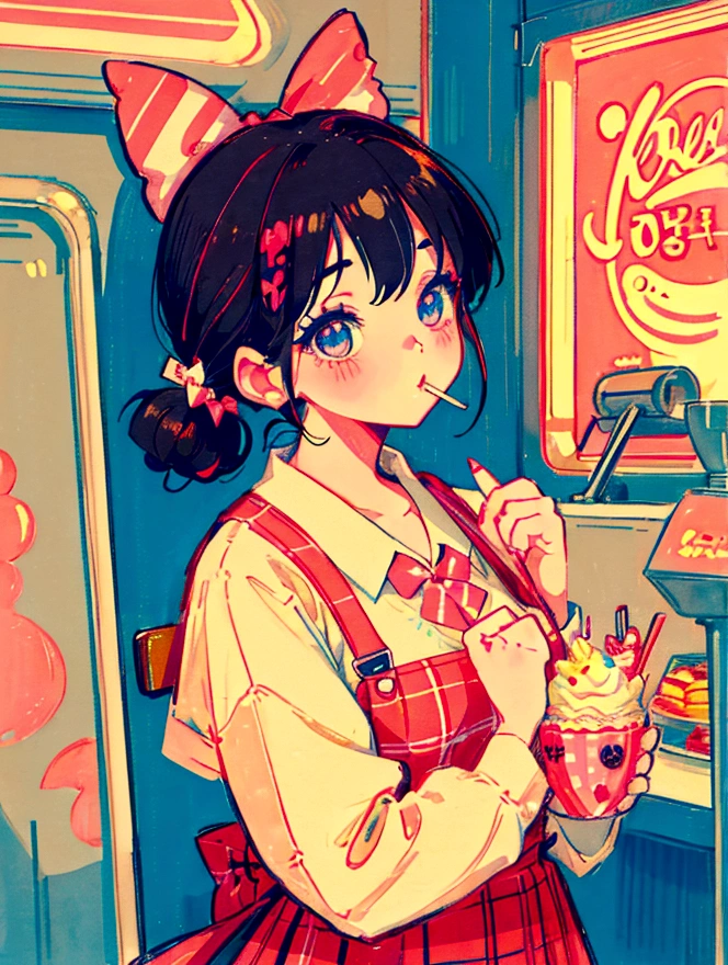 A cute girl，Anime art style，Half-length close-up of big eyes with long eyelashes，Hair tied at the back，A big bow adorns a red and white box，She eats a lollipop in a retro dessert shop with a vintage neon sign，Surrounded by colorful desserts poster。She has blue eyes and fair skin.。She was wearing a red and white plaid suspender skirt，A bow is tied around the neck。Bright colors，Strong contrast，Kawaii punk aesthetic