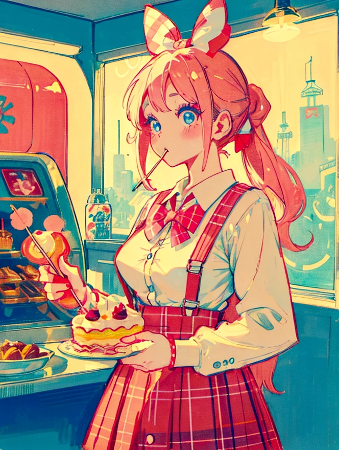 A cute girl，Anime art style，Half-length close-up of big eyes with long eyelashes，Hair tied at the back，A big bow adorns a red and white box，She eats a lollipop in a retro dessert shop with a vintage neon sign，Surrounded by colorful desserts poster。She has blue eyes and fair skin.。She was wearing a red and white plaid suspender skirt，A bow is tied around the neck。Bright colors，Strong contrast，Kawaii punk aesthetic