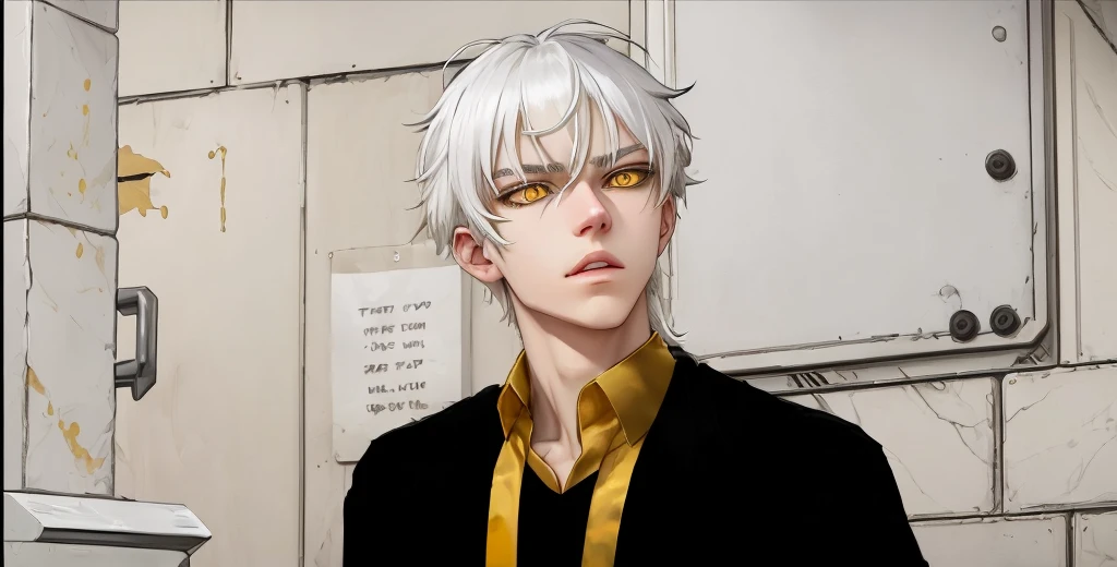 17 year old teenager yellow eyes white hair black clothes with gold 