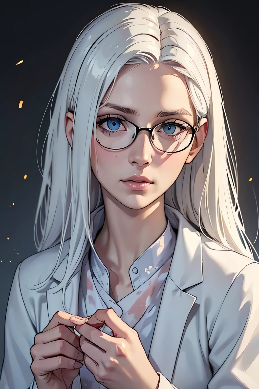 (digital art, digital illustration, 4K, 8K, super detailed, beautiful images, clear image, realistic, RAW photo, perfect face, perfect lines, perfect eyes, soft lighting) ,1 female,(long white hair,30 years old,hospice background,doctor,white coat,glasses,pale skin,creepy woman,blood splattered on clothes,holding a needle,closed lips,serious,dark circles,looking at the viewer