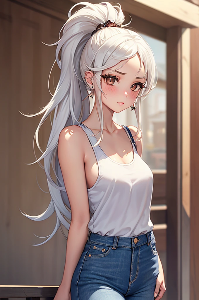Photo Info: Beautiful, perfect photo, HD, top-quality, masterpiece, perfect hands, cowboy shot, (((Medium-long straight white hair))), (((middle part))), goes over shoulders, ponytail, multiple ear piercings (lobe, helix, and orbital ear piercings),short, cute, lots of makeup, blush on cheeks, long lashes, large doe eyes. 1person, ((((brown eyes)))), confident, round features, tanktop and jeans