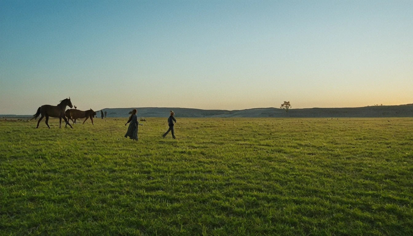 A woman walking on a grass field at the front, horses and blue sky far at the background, golden hour, backlighting, cinematic