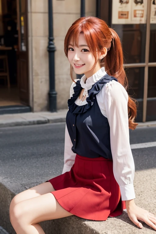 Top quality, 1 beautiful woman, Long Hair, red hair, Lower ponytail, frill skirt, shy-smile, Sunlight, at street, Blouse, Moonlight, Cowboy Shot, sitting,cafe,