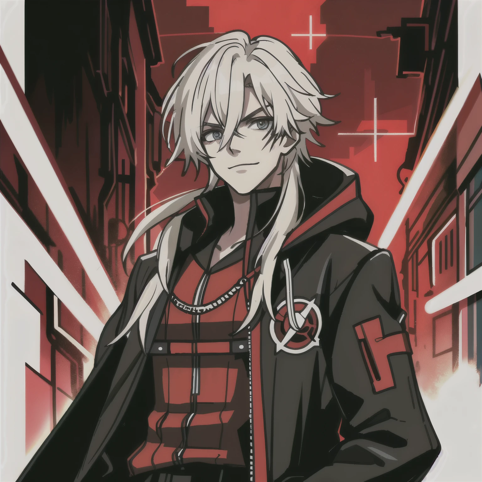 (high-quality, breathtaking),(expressive eyes, perfect face) portrait, Symmetrical Eyes, 1boy, male, teenager, solo, looking at viewer, portrait, simple background, white background, apocalyptic theme, ruined city buildings, alleyway, allen walker, red eye color, white hair, scar, facial mark, halfbody shot, long hair length, confident expression, charming, black and red jacket, hood, red trim, smirk, cyberpunk clothing, Abzu, cowboy shot
