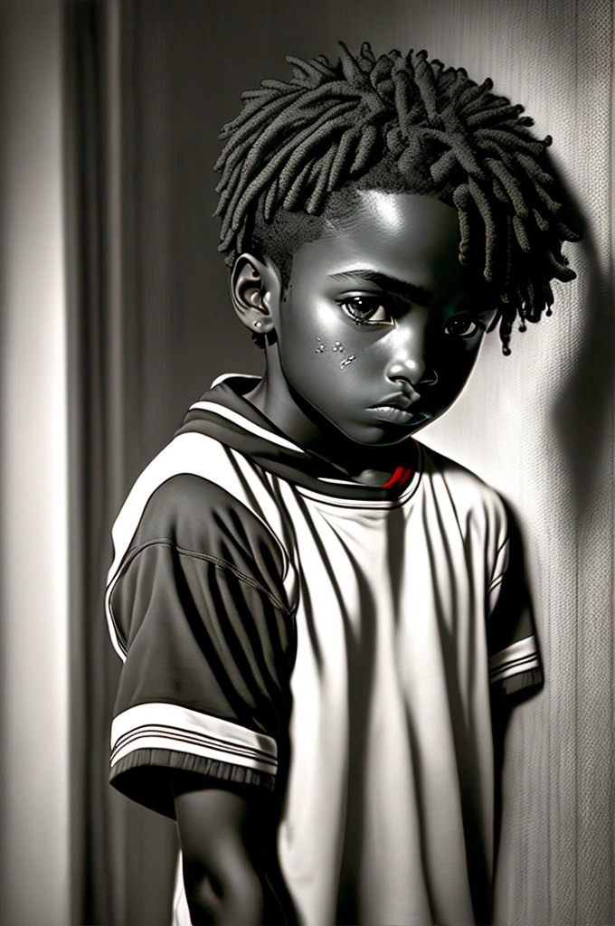 A young boy, dark skin, bored and sleepy, uniform, highly detailed portrait, red and black and white color theme, dramatic lighting, moody atmosphere, realistic, photorealistic, cinematic, masterpiece, hyperrealistic, chiaroscuro lighting, dramatic shadows, intricate details, sharp focus