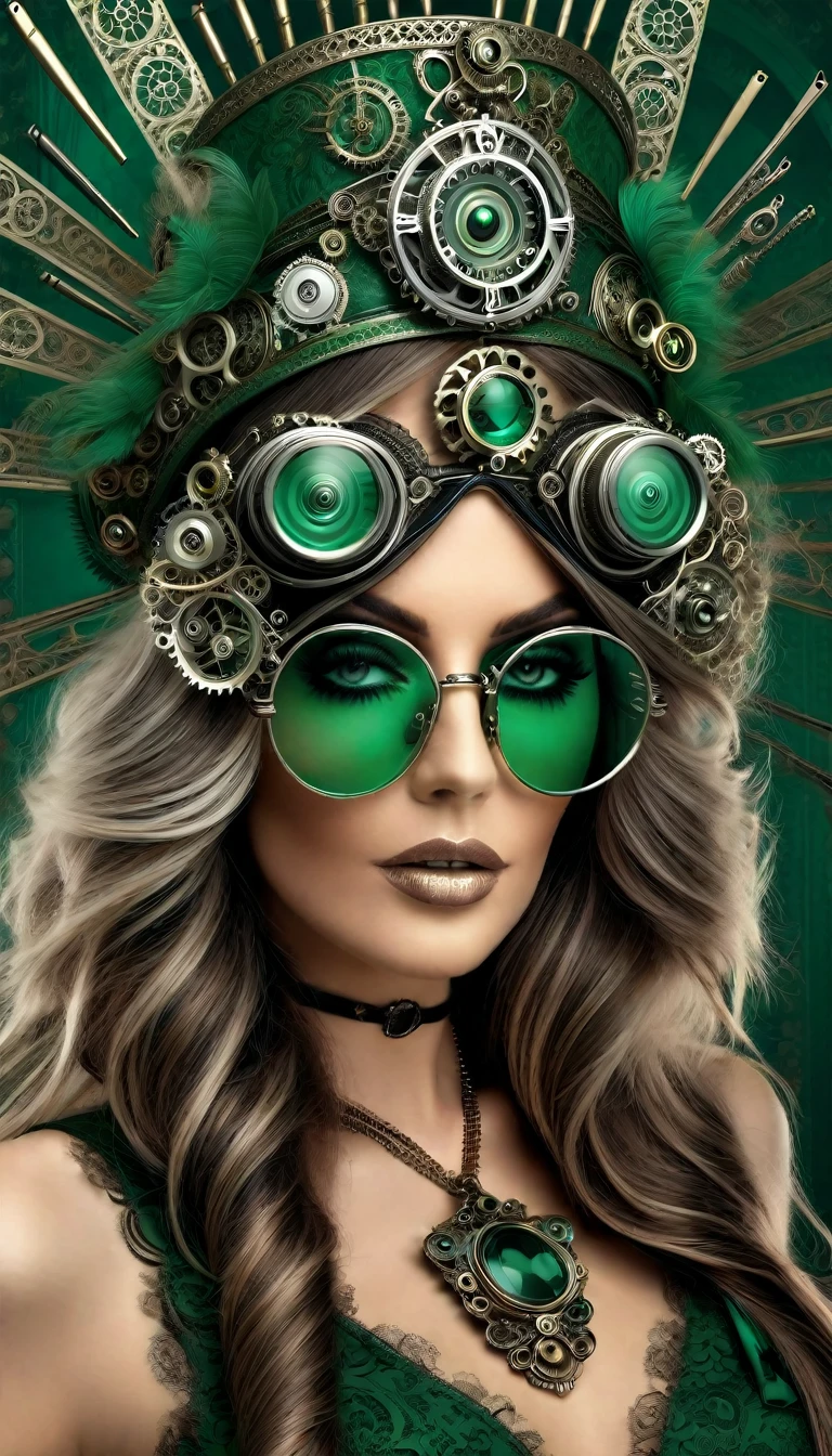 Un portrait hyperréaliste d’une sublime femme heureuse aux longs cheveux vert sombre foncé, portant une robe en dentelle blanche avec des accessoires steampunk, (elle porte des lunettes mécanique de style steampunk, ((lunettes de forme fractales avec un système complexe formé de loups et d’accessoires d'optique)),système très détaillé), cheveux_très_longs, situé dans une pièce de style victorien avec des éléments mécaniques, poitrine décolletée effet push-up , regard intense et sensuel 