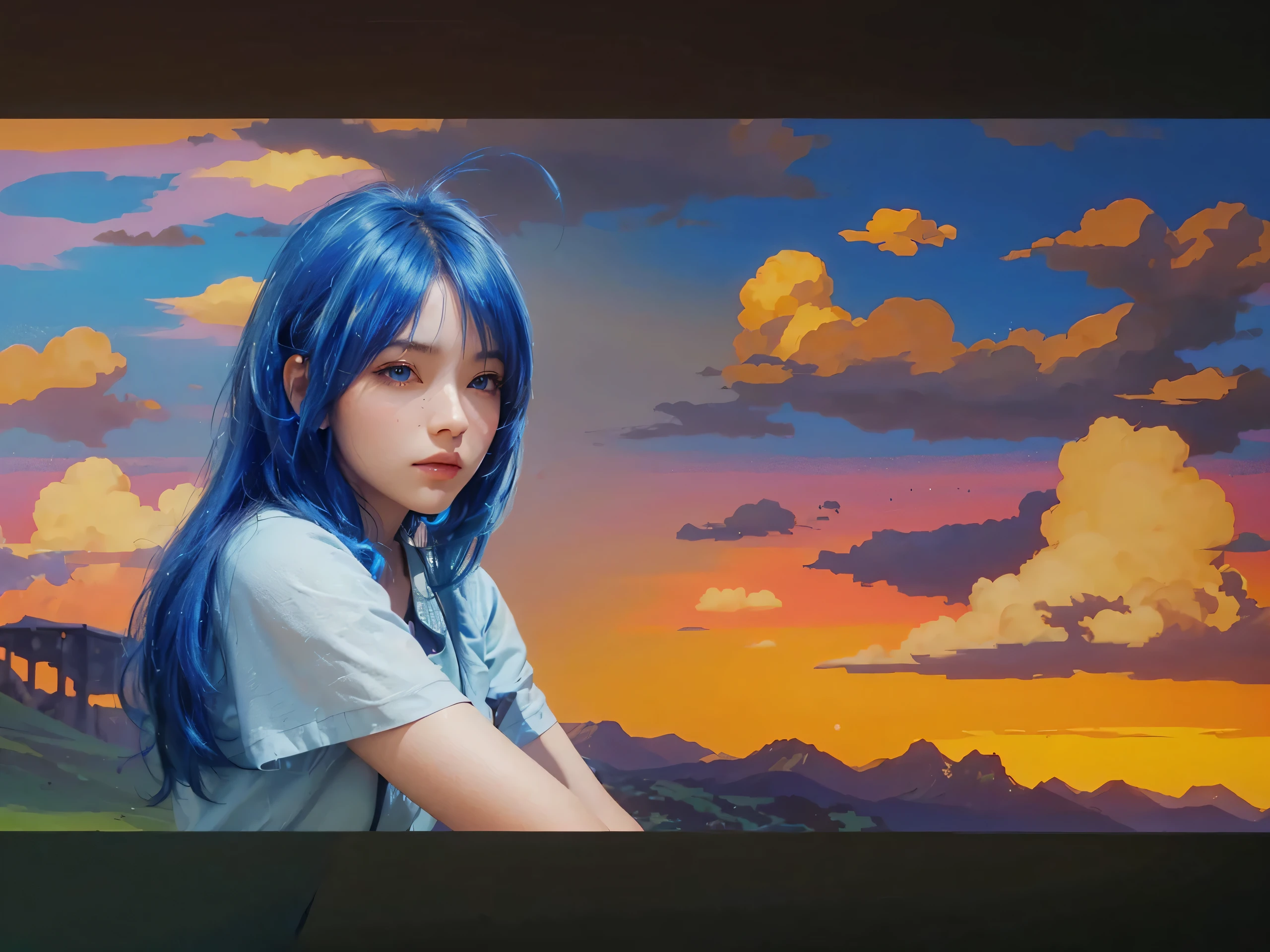 ((A SPACE FOR THE UNBOUND_ATMA)),((realistic, photorealistic)),(highlight hair)), Light reflection, (( HD )),((upper body)), (((best quality, masterpiece))), (masterpiece) (best quality) (detail) (8k) (HDR) (wallpaper) (cinematic lighting) (sharp focuasterpiece, best quality: 1.1), Real life adaption of this character, Shining green eyes, realistic outfit, realistic shadow, realistic light, realism, hyper realistic, realistic background,Realistic hair, realistic hair at the back,(photorealistic:1.2), 1girl,Blue hair, mountainous background, white clouds in the evening sky, sunlight,
