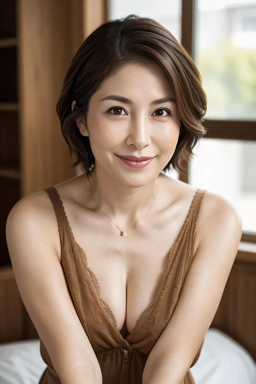 8K, Highest quality, masterpiece, Realistic, Realistic, Very detailed, Natural light, 1 Japanese female, 40 years old, Slightly brown-haired, short hair, lingerie, (Lean forward to look into the camera), Detailed bending forward, Her cleavage is visible, A refreshing smile, A friendly smile, Happy emotion smiley faces, Very detailedな顔と肌, Very detailedな目, Very detailedな顔と肌, Very detailed smile,