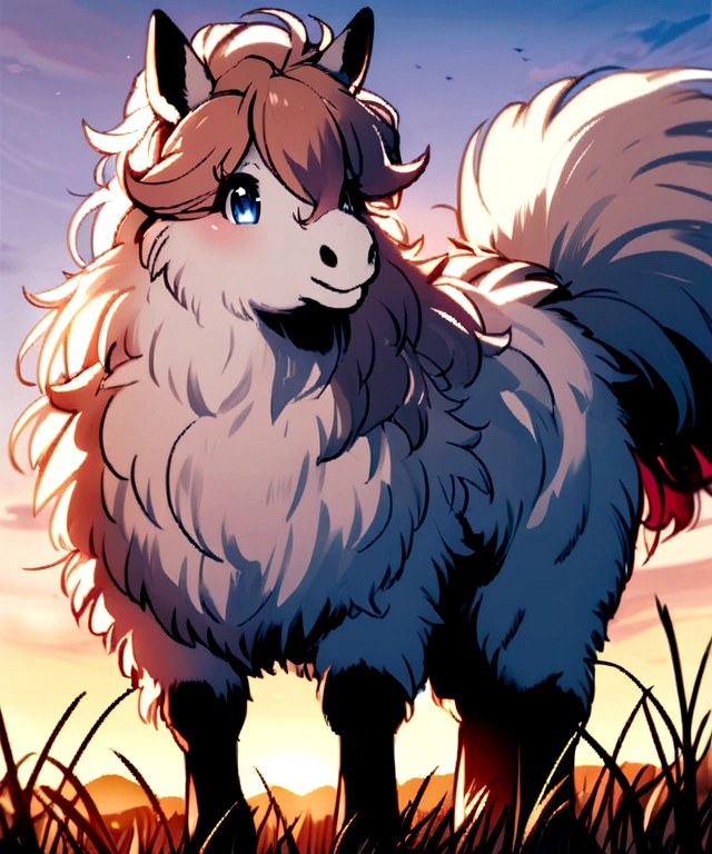 (derpibooru_p_95), solo, pony, sunset Shimmer, massive udders, really fluffy fur. In the meadow 