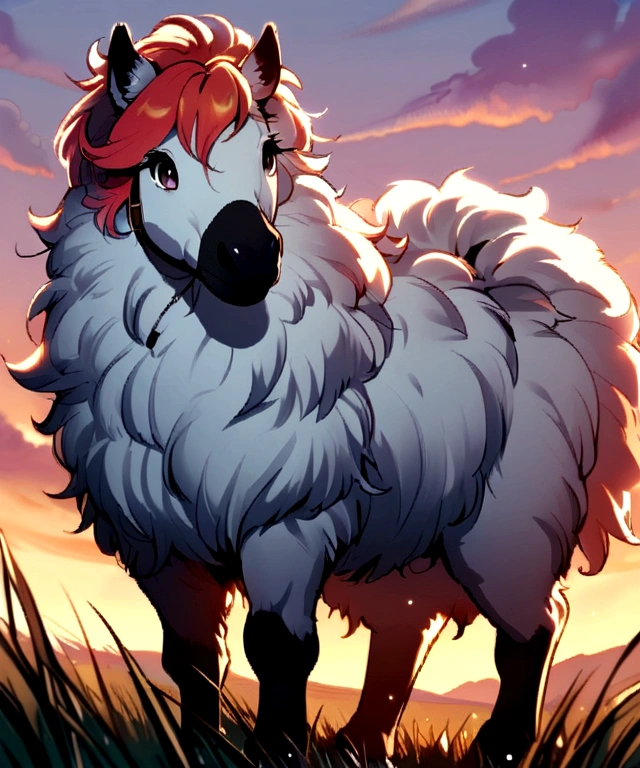(derpibooru_p_95), solo, pony, sunset Shimmer, massive udders, really fluffy fur. In the meadow