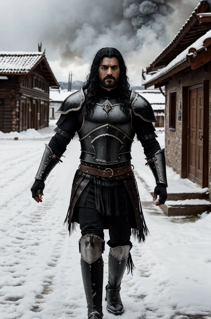 A dark and intimidating warrior, Hernán has an aura of danger and power. He's tall and sturdy, with obvious musculature. Her hair is black and shaggy, matching the dark eyes that hold an intense anger. His armor is dark and imposing, made of black metal with deep red details, reflecting his malevolent nature. His expression is one of pure malice and relentless determination.. Hernán exudes an oppressive presence, ready to destroy anyone who opposes him. the background is snow on the ground in a village that is on fire.